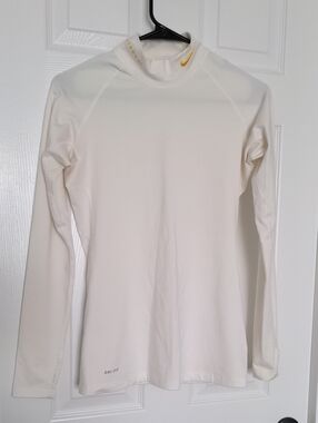 Nike White Long-Sleeve Mock Neck Performance Top with Gold Swoosh